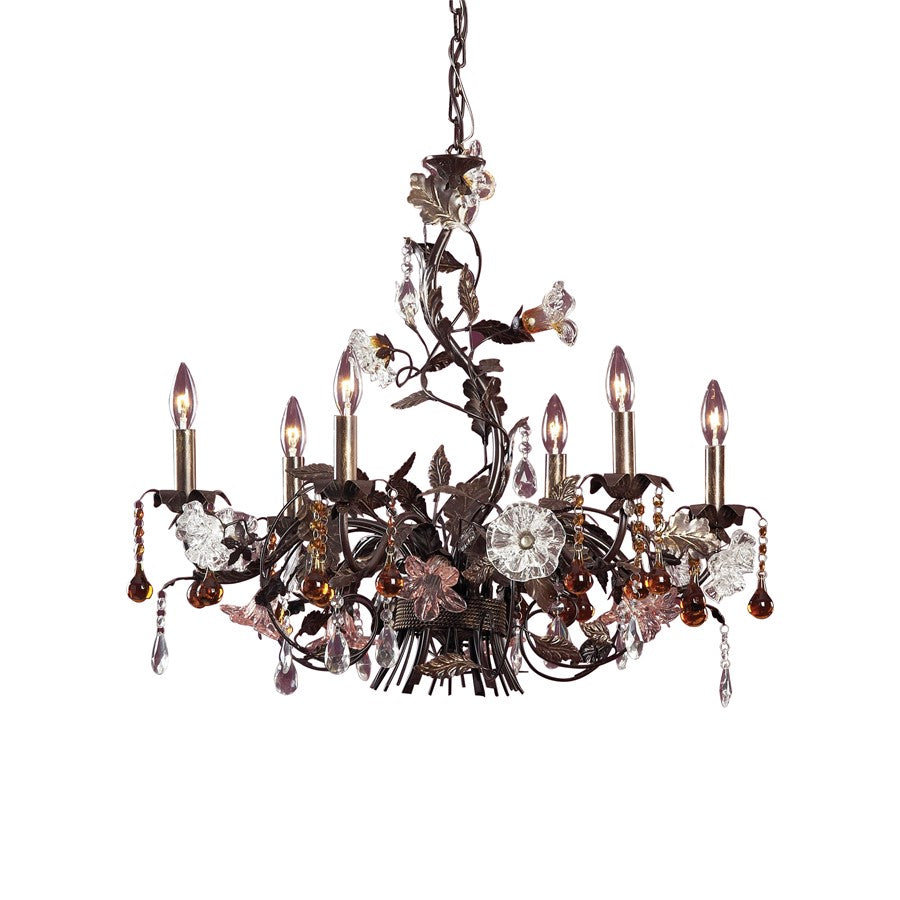 Atlas Lighting Cristallo Fiore 29in 6-Light Chandelier | Traditional Bronze and Multicolor Crystal | Dining Room & Living Room | Model CL12529-BZ