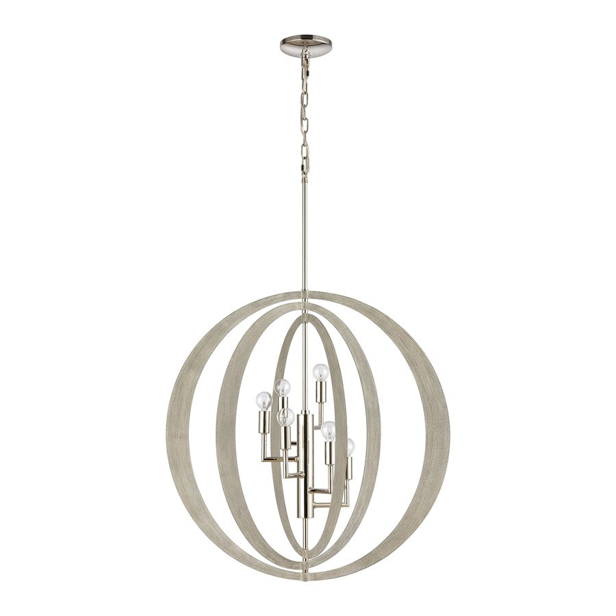 Atlas Lighting Retro Rings 26in 6-Light Chandelier | Mid-Century Polished Nickel and Sandy Beechwood | Dining Room & Living Room | Model CL12536-NK