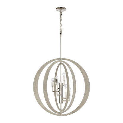 Atlas Lighting Retro Rings 26in 6-Light Chandelier | Mid-Century Polished Nickel and Sandy Beechwood | Dining Room & Living Room | Model CL12536-NK