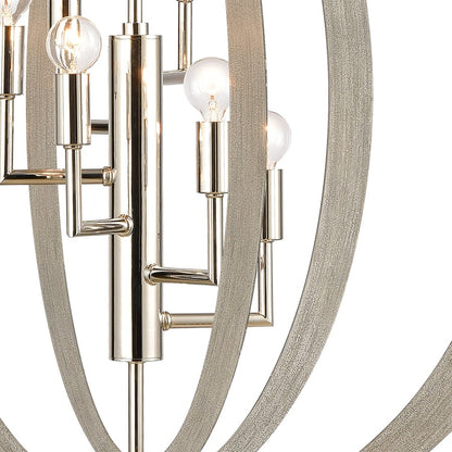 Atlas Lighting Retro Rings 26in 6-Light Chandelier | Mid-Century Polished Nickel and Sandy Beechwood | Dining Room & Living Room | Model CL12536-NK