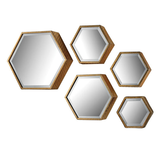 Atlas Hexagonal Wall Mirror Set of 5 | Gold Metal Frames | Gallery Wall & Entryway | 15.75 x 4 x 13.75 in | Model MI11045-01S
