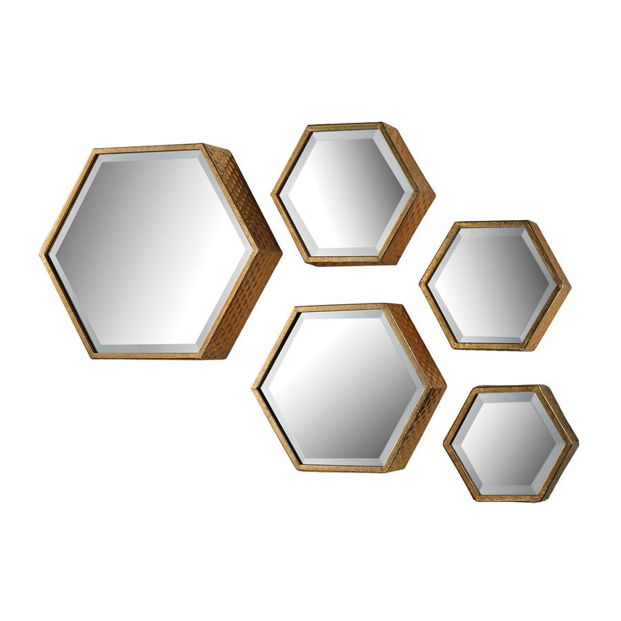 Atlas Hexagonal Wall Mirror Set of 5 | Gold Metal Frames | Gallery Wall & Entryway | 15.75 x 4 x 13.75 in | Model MI11045-01S