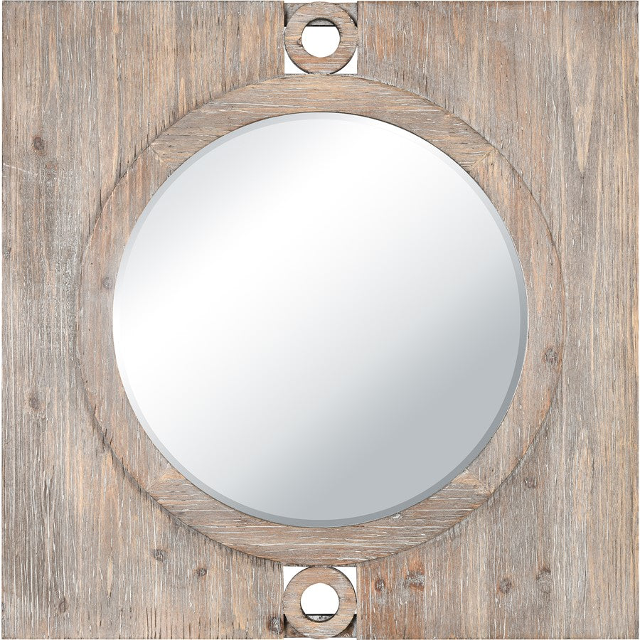 Atlas Lighting Nollen 34in Round Wall Mirror | Transitional Weathered Brown Wood Frame | Entryway & Living Room Accent | Model MI11069-01