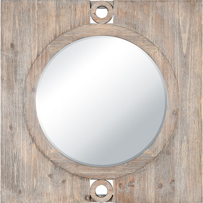 Atlas Lighting Nollen 34in Round Wall Mirror | Transitional Weathered Brown Wood Frame | Entryway & Living Room Accent | Model MI11069-01
