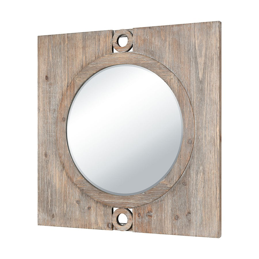 Atlas Lighting Nollen 34in Round Wall Mirror | Transitional Weathered Brown Wood Frame | Entryway & Living Room Accent | Model MI11069-01