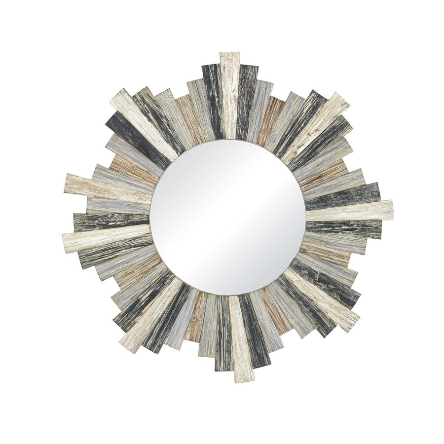 Atlas Lighting Chatham Light 31.5in Round Wall Mirror | Rustic Gray Wood Sunburst Frame | Entryway & Living Room Accent | Model MI11100-01