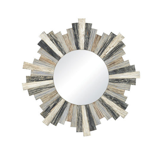 Atlas Lighting Chatham Light 31.5in Round Wall Mirror | Rustic Gray Wood Sunburst Frame | Entryway & Living Room Accent | Model MI11100-01