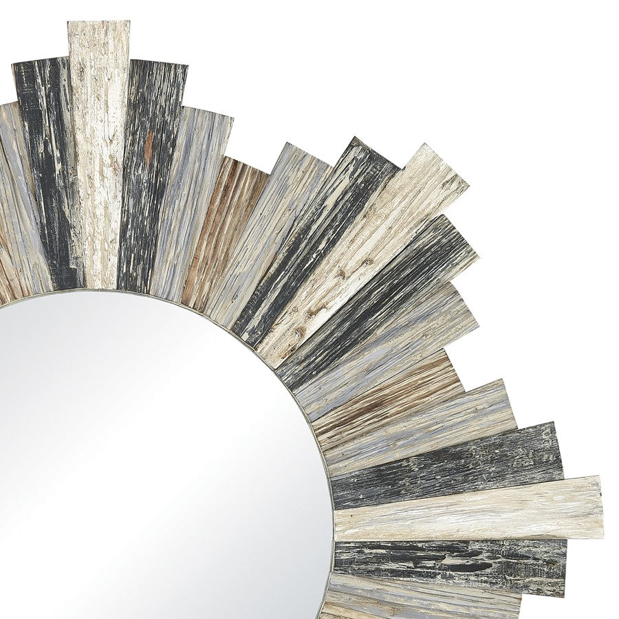 Atlas Lighting Chatham Light 31.5in Round Wall Mirror | Rustic Gray Wood Sunburst Frame | Entryway & Living Room Accent | Model MI11100-01