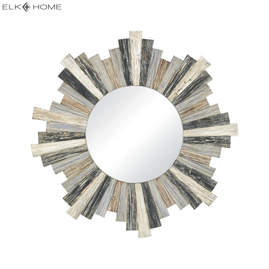 Atlas Lighting Chatham Light 31.5in Round Wall Mirror | Rustic Gray Wood Sunburst Frame | Entryway & Living Room Accent | Model MI11100-01