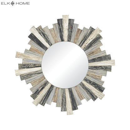 Atlas Lighting Chatham Light 31.5in Round Wall Mirror | Rustic Gray Wood Sunburst Frame | Entryway & Living Room Accent | Model MI11100-01