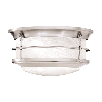 Atlas Lighting Verglas 11in 2-Light Outdoor Flush Mount | Transitional Brushed Nickel and White Glass | Covered Patio & Entryway | Model OL11012-NK