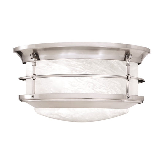 Atlas Lighting Verglas 11in 2-Light Outdoor Flush Mount | Transitional Brushed Nickel and White Glass | Covered Patio & Entryway | Model OL11012-NK
