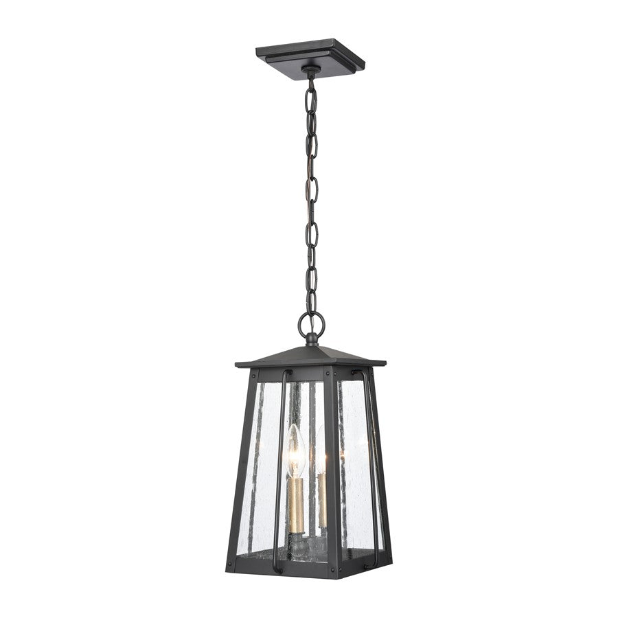 Atlas Lighting Kirkdale 9in 2-Light Outdoor Pendant | Transitional Matte Black and Natural Brass with Clear Seeded Glass | Covered | Model OL11035-BK