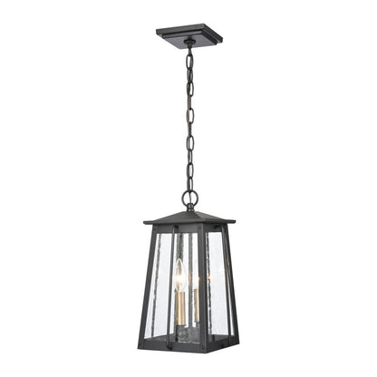 Atlas Lighting Kirkdale 9in 2-Light Outdoor Pendant | Transitional Matte Black and Natural Brass with Clear Seeded Glass | Covered | Model OL11035-BK