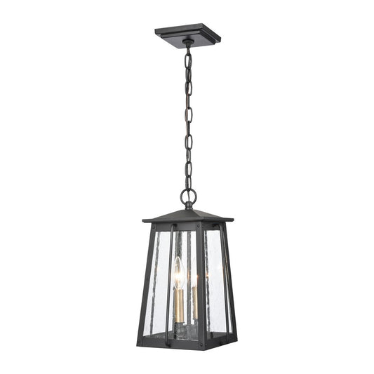 Atlas Lighting Kirkdale 9in 2-Light Outdoor Pendant | Transitional Matte Black and Natural Brass with Clear Seeded Glass | Covered | Model OL11035-BK