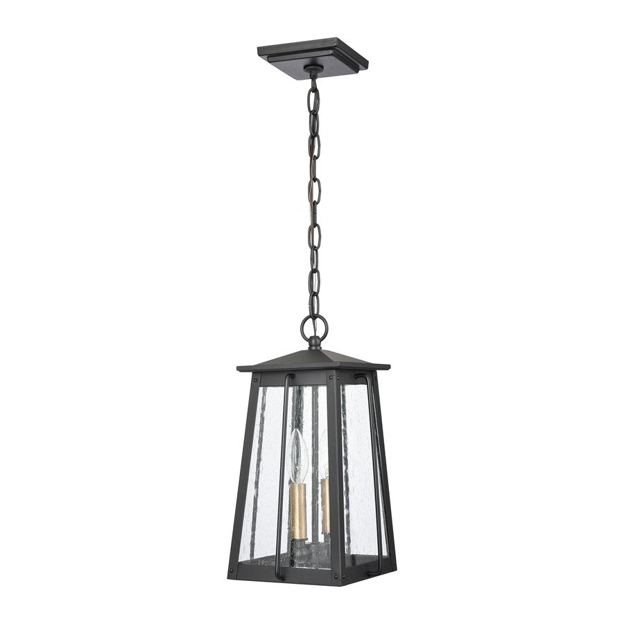 Atlas Lighting Kirkdale 9in 2-Light Outdoor Pendant | Transitional Matte Black and Natural Brass with Clear Seeded Glass | Covered | Model OL11035-BK