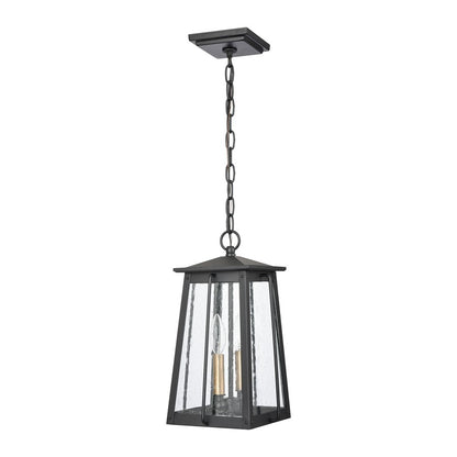 Atlas Lighting Kirkdale 9in 2-Light Outdoor Pendant | Transitional Matte Black and Natural Brass with Clear Seeded Glass | Covered | Model OL11035-BK
