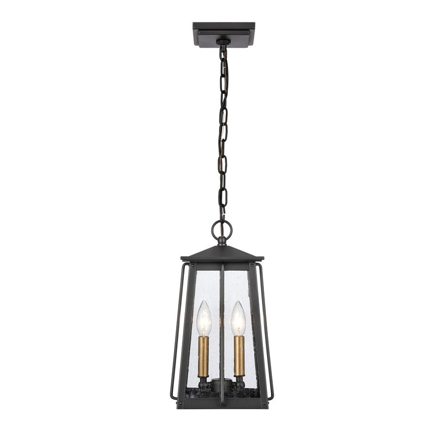 Atlas Lighting Kirkdale 9in 2-Light Outdoor Pendant | Transitional Matte Black and Natural Brass with Clear Seeded Glass | Covered | Model OL11035-BK