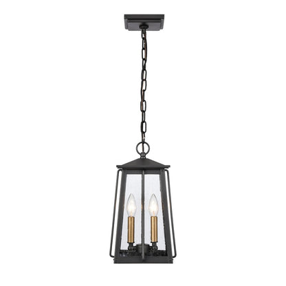 Atlas Lighting Kirkdale 9in 2-Light Outdoor Pendant | Transitional Matte Black and Natural Brass with Clear Seeded Glass | Covered | Model OL11035-BK