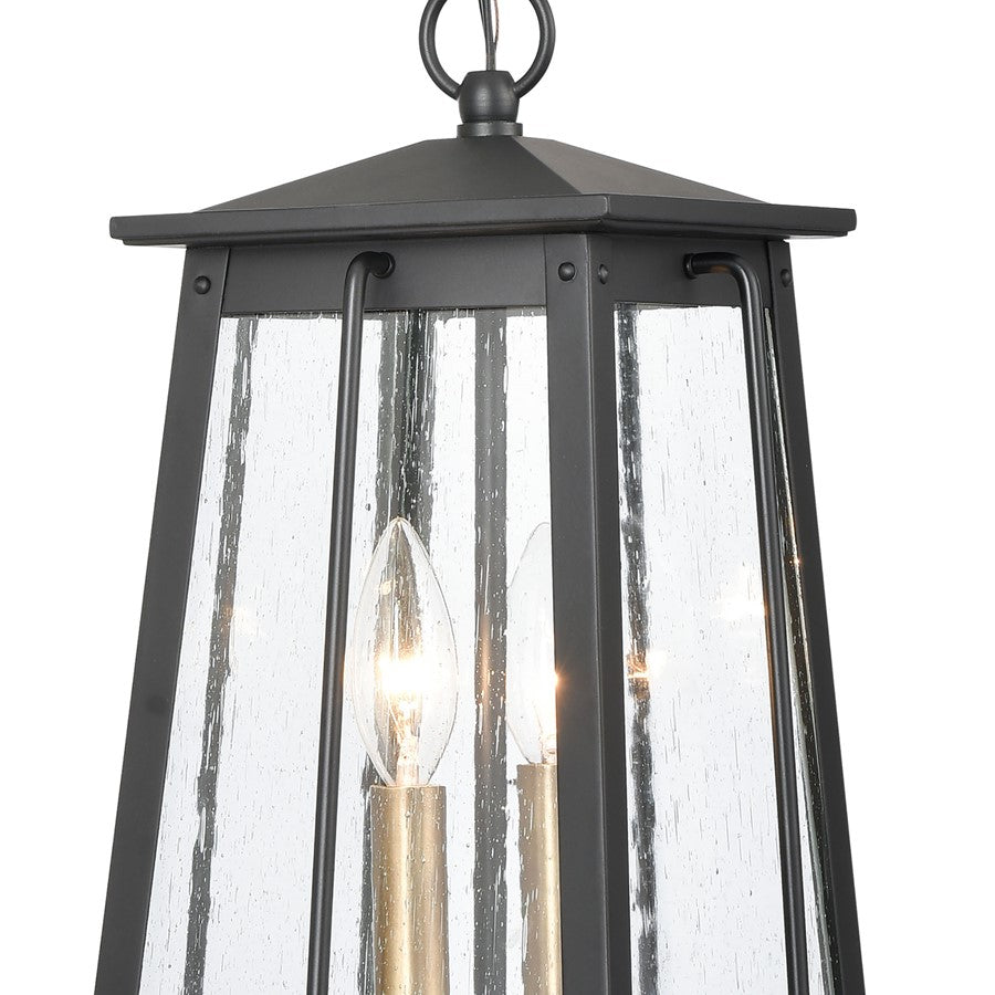 Atlas Lighting Kirkdale 9in 2-Light Outdoor Pendant | Transitional Matte Black and Natural Brass with Clear Seeded Glass | Covered | Model OL11035-BK
