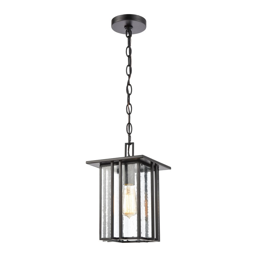 Atlas Lighting Radnor 8in 1-Light Outdoor Pendant | Transitional Matte Black and Clear Seeded Glass | Covered Porch & Entryway | Model OL11042-BK