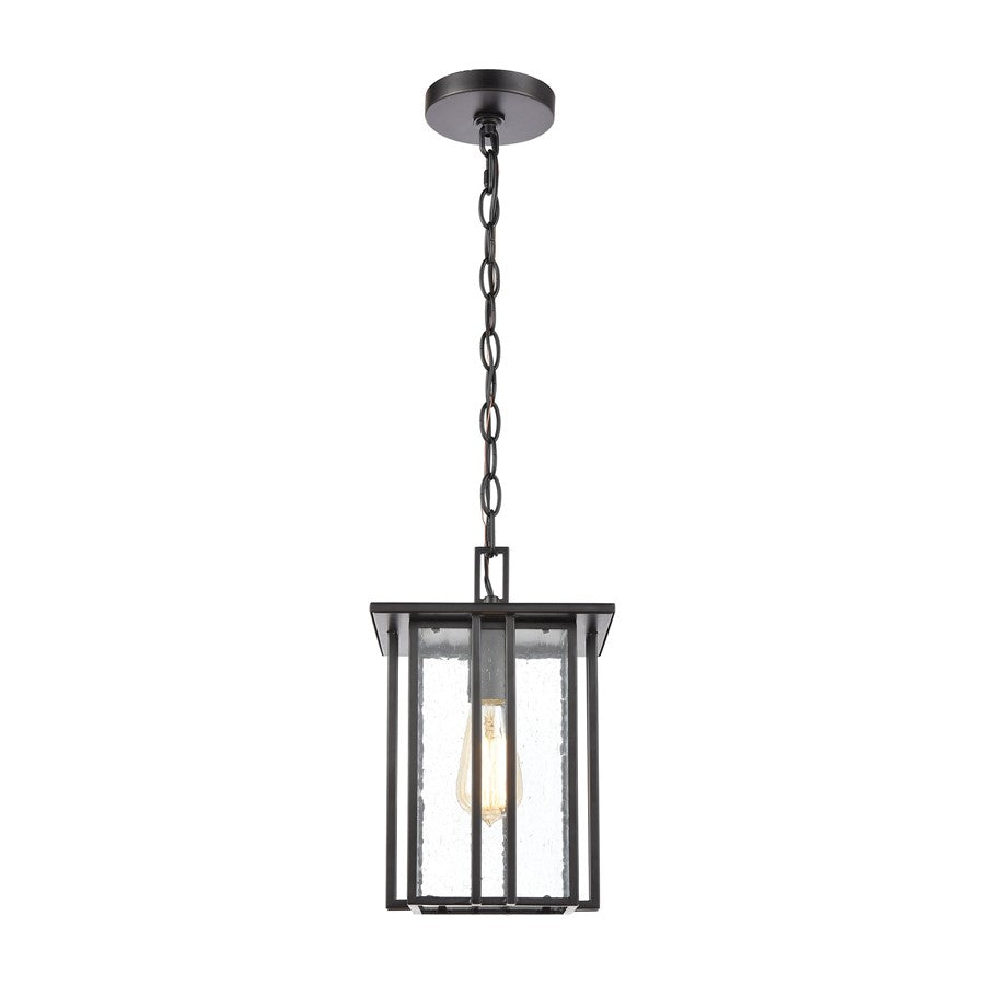 Atlas Lighting Radnor 8in 1-Light Outdoor Pendant | Transitional Matte Black and Clear Seeded Glass | Covered Porch & Entryway | Model OL11042-BK