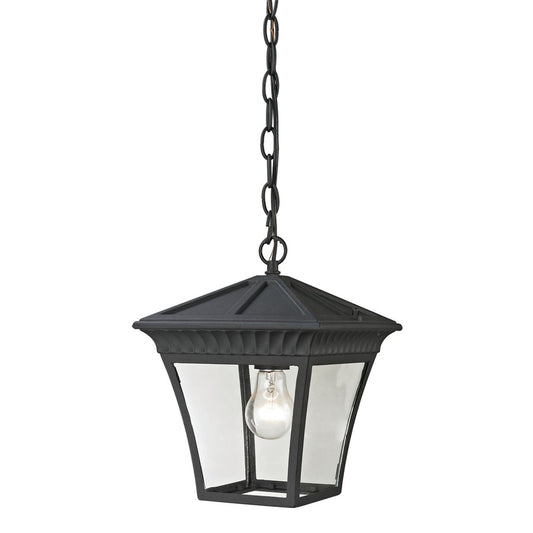 Atlas Lighting Ridgewood 9in 1-Light Outdoor Pendant | Traditional Matte Textured Black and Clear Glass | Covered Porch & Entryway | Model OL11044-BK