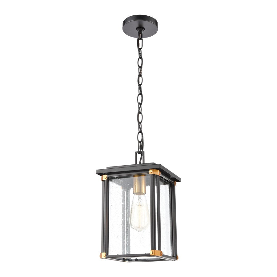 Atlas Lighting Vincentown 8in 1-Light Outdoor Pendant | Transitional Matte Black and Brushed Brass with Clear Seeded Glass | Model OL11050-BK
