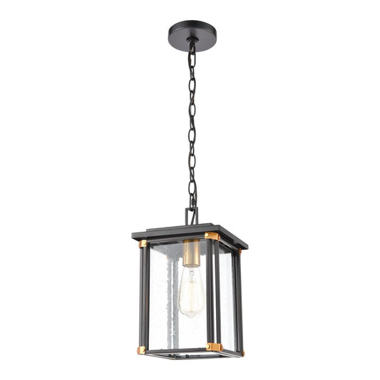 Atlas Lighting Vincentown 8in 1-Light Outdoor Pendant | Transitional Matte Black and Brushed Brass with Clear Seeded Glass | Model OL11050-BK