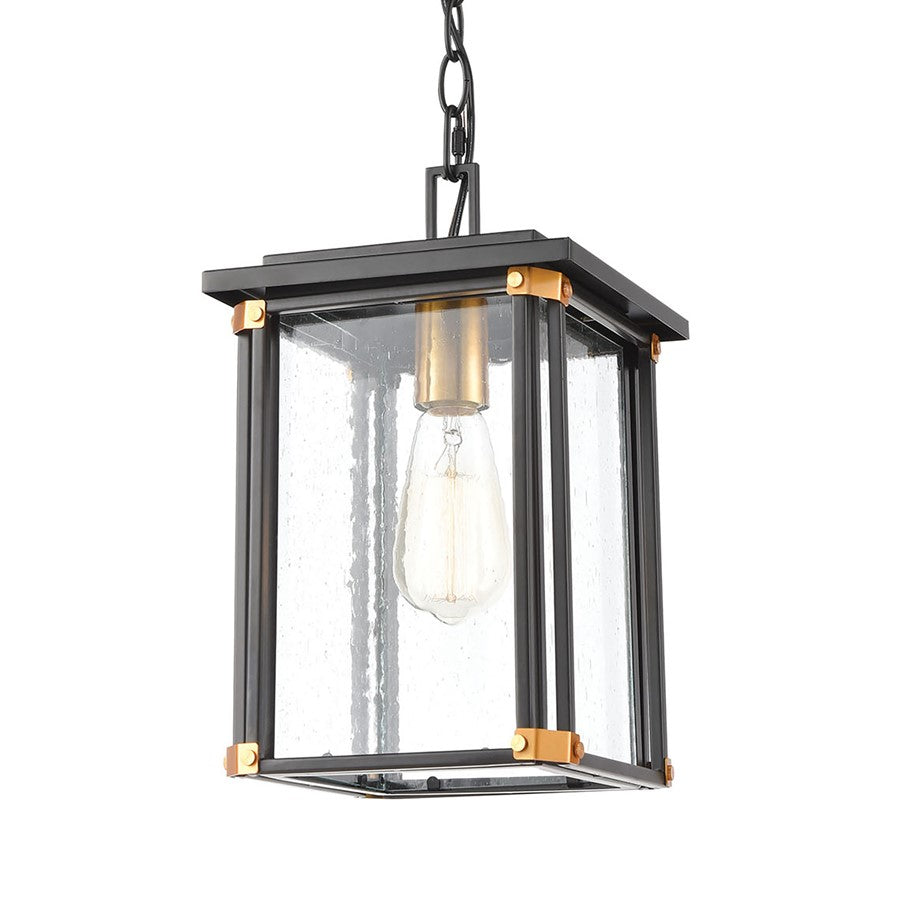 Atlas Lighting Vincentown 8in 1-Light Outdoor Pendant | Transitional Matte Black and Brushed Brass with Clear Seeded Glass | Model OL11050-BK