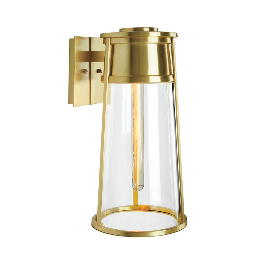 Atlas Lighting Cone 12.75in 1-Light Outdoor Sconce | Transitional Satin Brass and Clear Glass | Porch & Entryway Wall Light | Model OL11097-BS