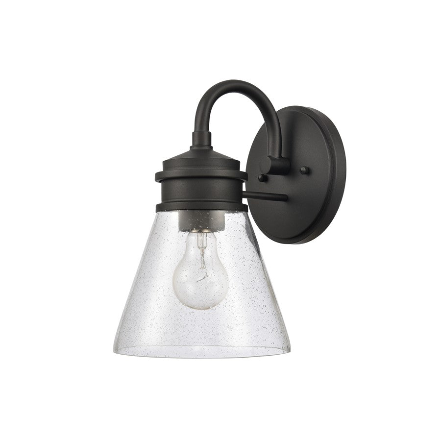 Atlas Lighting Dovas 11.5in 1-Light Outdoor Sconce | Transitional Textured Black and Clear Seeded Glass | Porch & Entryway | Model OL11127-BK