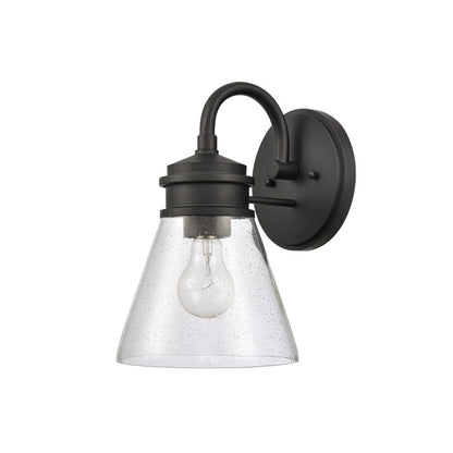 Atlas Lighting Dovas 11.5in 1-Light Outdoor Sconce | Transitional Textured Black and Clear Seeded Glass | Porch & Entryway | Model OL11127-BK