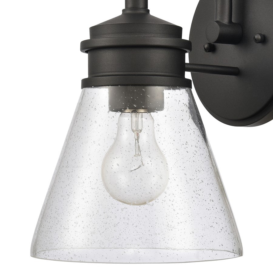 Atlas Lighting Dovas 11.5in 1-Light Outdoor Sconce | Transitional Textured Black and Clear Seeded Glass | Porch & Entryway | Model OL11127-BK