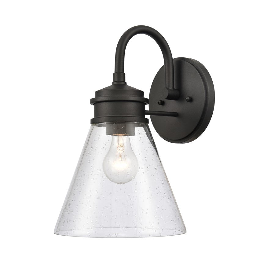 Atlas Lighting Dovas 13.5in 1-Light Outdoor Sconce | Transitional Textured Black and Clear Seeded Glass | Porch & Entryway | Model OL11128-BK