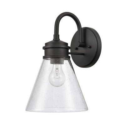Atlas Lighting Dovas 13.5in 1-Light Outdoor Sconce | Transitional Textured Black and Clear Seeded Glass | Porch & Entryway | Model OL11128-BK