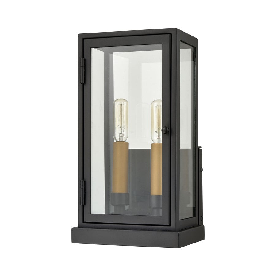 Atlas Lighting Foundation 7in 2-Light Outdoor Sconce | Transitional Matte Black and Aged Brass Metal with Clear Glass | Entryway | Model OL11140-BK