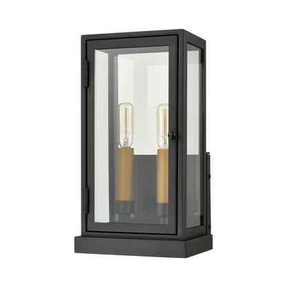 Atlas Lighting Foundation 7in 2-Light Outdoor Sconce | Transitional Matte Black and Aged Brass Metal with Clear Glass | Entryway | Model OL11140-BK