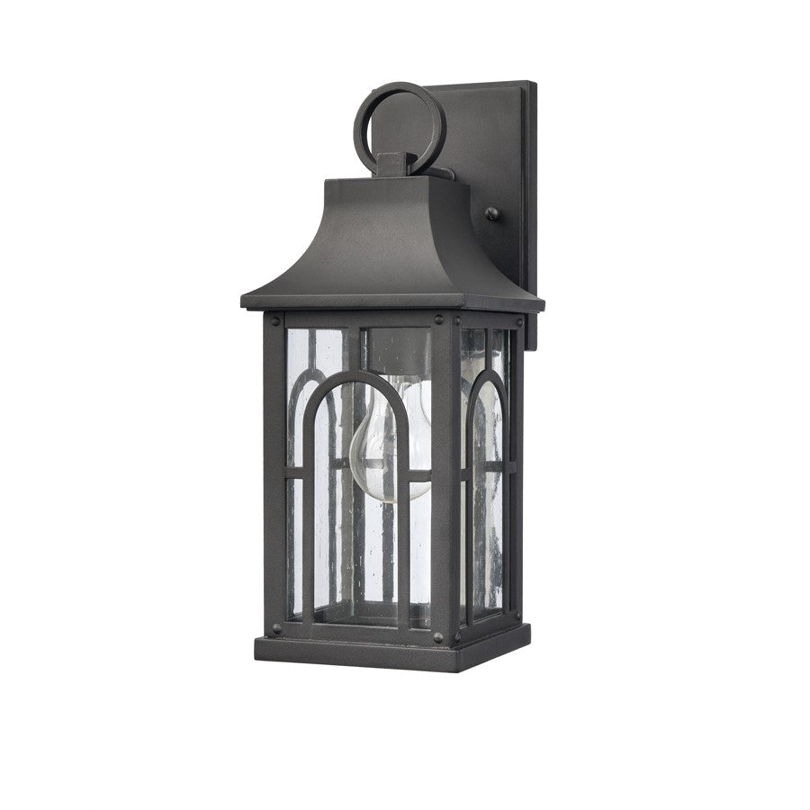 Atlas Lighting Triumph 14.5in 1-Light Outdoor Sconce | Traditional Textured Black and Clear Seeded Glass | Entryway & Covered | Model OL11228-BK
