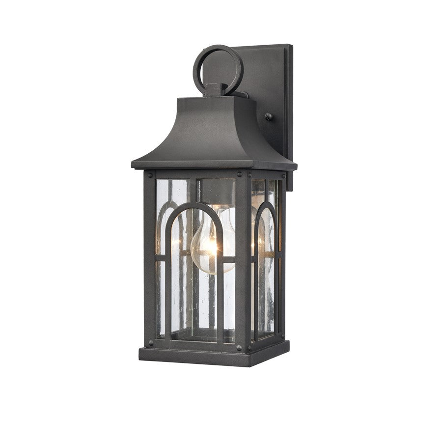 Atlas Lighting Triumph 14.5in 1-Light Outdoor Sconce | Traditional Textured Black and Clear Seeded Glass | Entryway & Covered | Model OL11228-BK