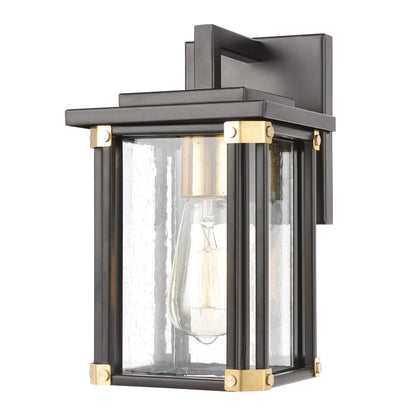 Atlas Lighting Vincentown 11in 1-Light Outdoor Sconce | Transitional Matte Black and Brushed Brass with Clear Seeded Glass | Model OL11235-BK