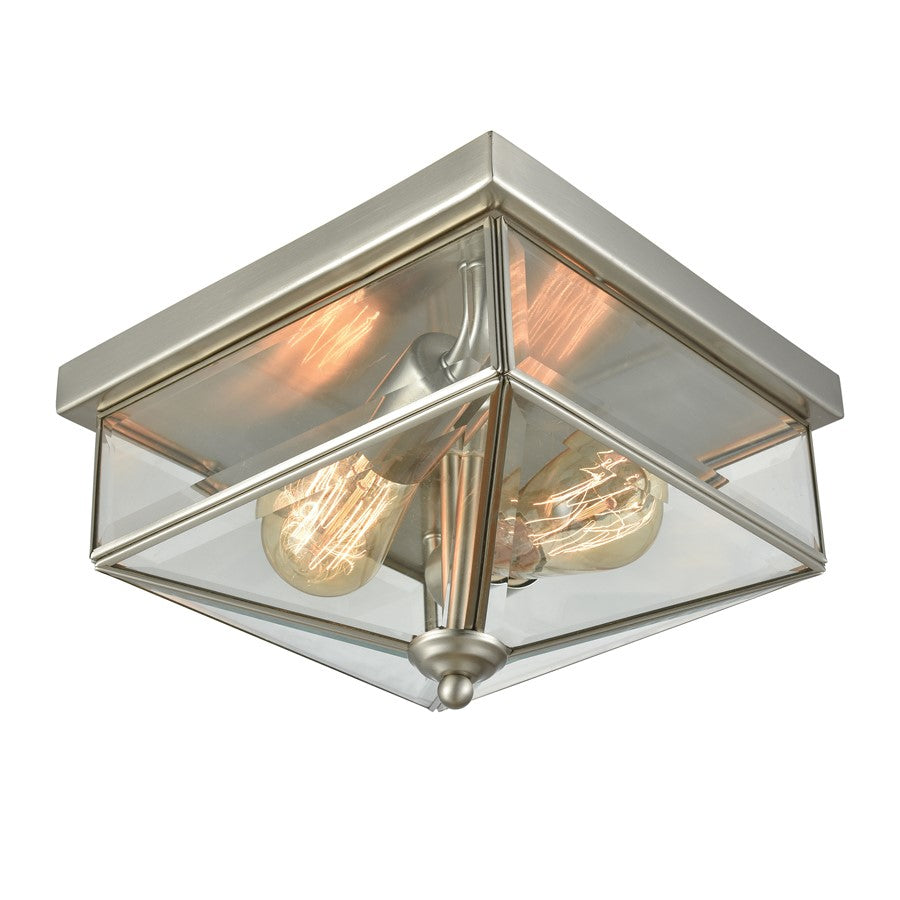 Atlas Lighting Lankford 10in 2-Light Outdoor Flush Mount | Traditional Brushed Nickel and Clear Glass | Porch & Entryway | Model OL11386-NK