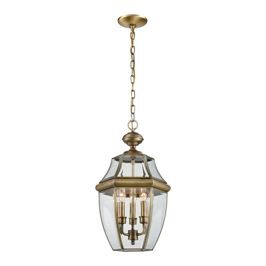 Atlas Lighting Ashford 12in 3-Light Outdoor Pendant | Traditional Antique Brass and Clear Glass | Porch & Patio | 12 x 12 x 21 in | Model OL11387-BS