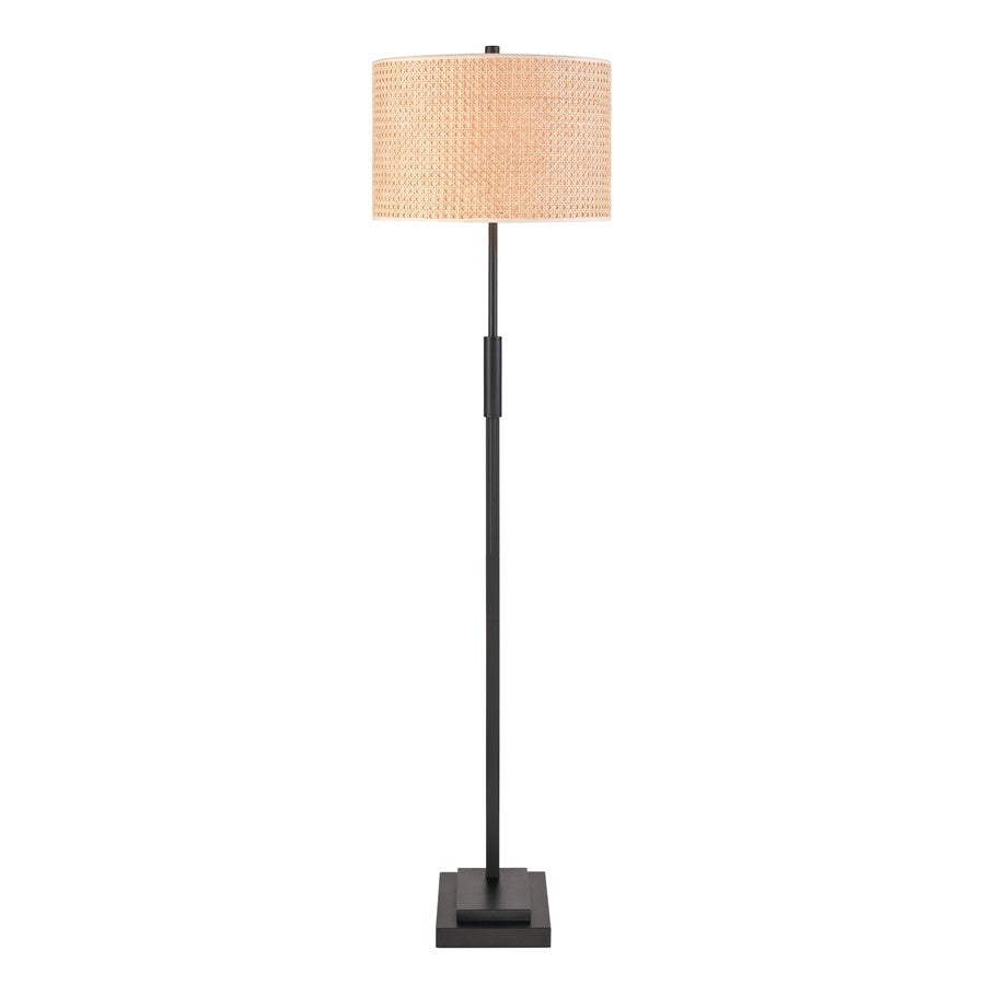 Atlas Baitz 62in Floor Lamp | Transitional Matte Black Metal and Natural Rattan Drum Shade | Living Room & Bedroom | Model PL11001-BK