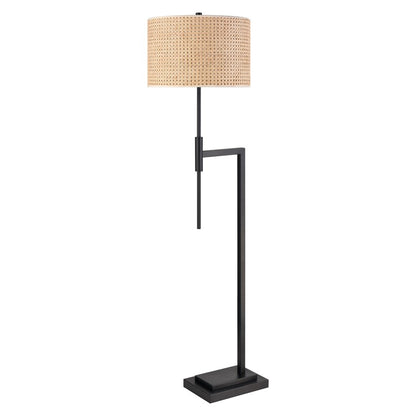 Atlas Baitz 62in Floor Lamp | Transitional Matte Black Metal and Natural Rattan Drum Shade | Living Room & Bedroom | Model PL11001-BK