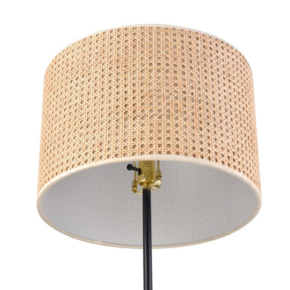 Atlas Baitz 62in Floor Lamp | Transitional Matte Black Metal and Natural Rattan Drum Shade | Living Room & Bedroom | Model PL11001-BK