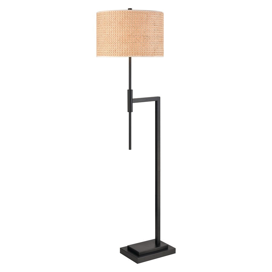 Atlas Baitz 62in Floor Lamp | Transitional Matte Black Metal and Natural Rattan Drum Shade | Living Room & Bedroom | Model PL11001-BK