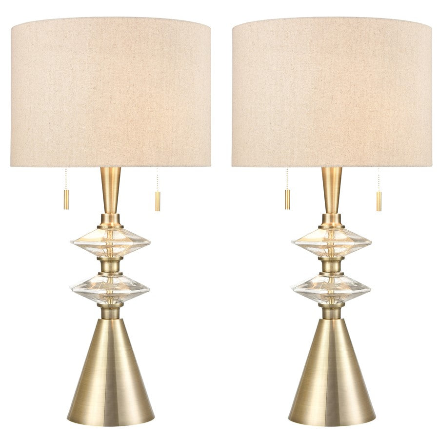 Atlas Lighting Annetta 33in 2-Light Table Lamp Set of 2 | Antique Brass and Off White Linen | Bedroom & Living Room | Model PL11030-BSS
