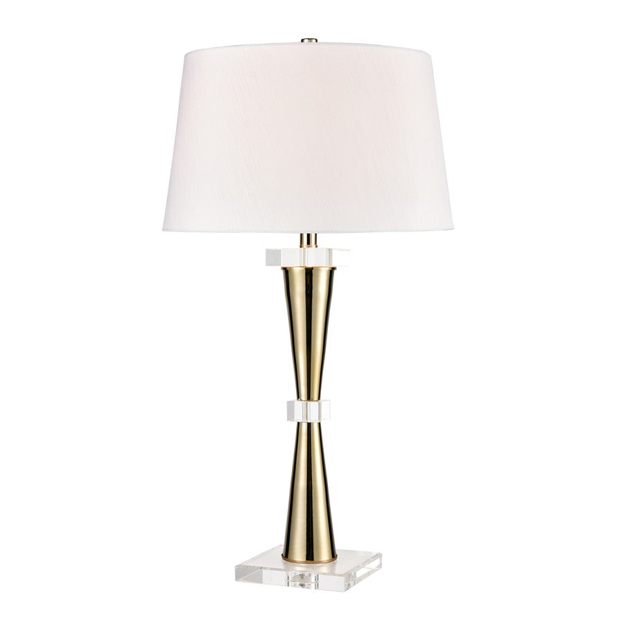 Atlas Lighting Brandt 32in 1-Light Table Lamp | Transitional Gold Metal and Clear Crystal with White Faux Silk Shade | Living Room | Model PL11041-GD