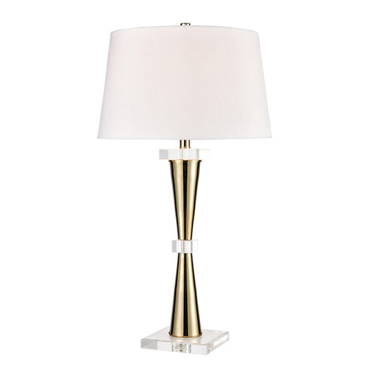Atlas Lighting Brandt 32in 1-Light Table Lamp | Transitional Gold Metal and Clear Crystal with White Faux Silk Shade | Living Room | Model PL11041-GD